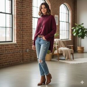 Free People Ottoman Slouchy Slit Neck Tunic Sweater - Berry/Wine - Size Medium